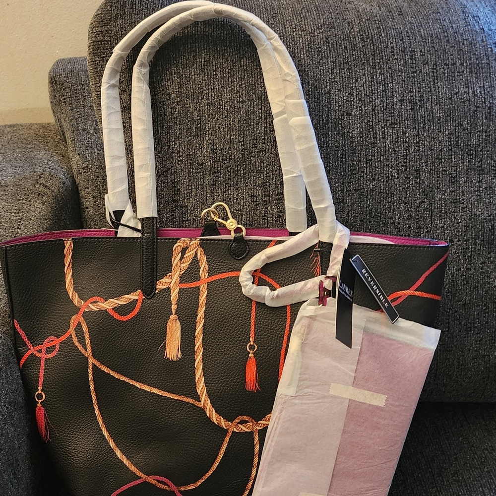 Lauren Ralph Lauren Black Tote with Multicolor Rope Print and Pink Trim